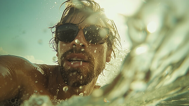 Man swimming in ocean with sunglasses