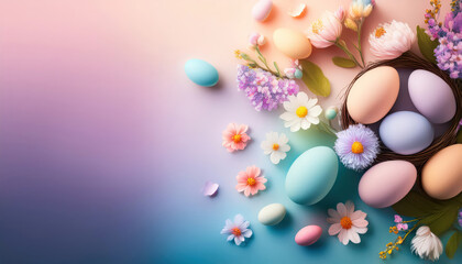 A soft pastel gradient background adorned with scattered blooming flowers and Easter eggs, creating a gentle and cheerful atmosphere perfect for spring celebrations.