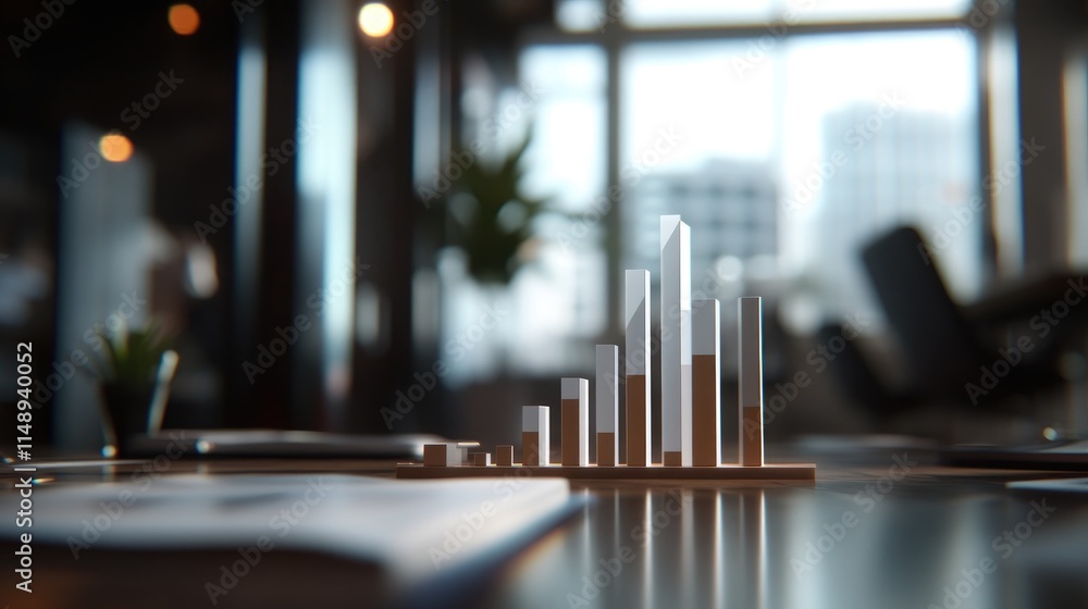Poster focused view of a minimalistic bar chart model on a modern office table with blurred background show
