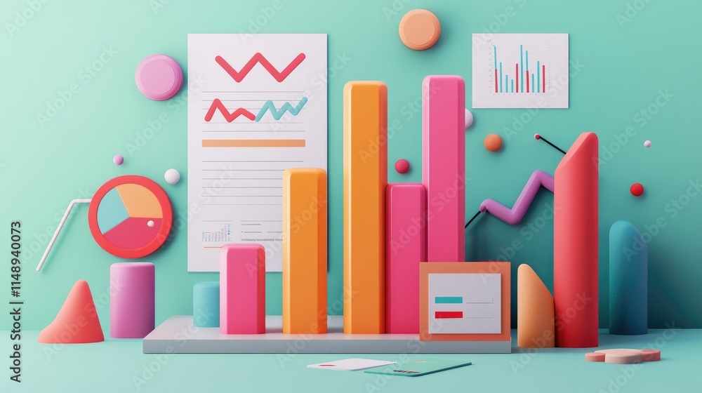 Poster colorful 3d graphs and charts depicting data analysis on a modern background with geometric shapes a