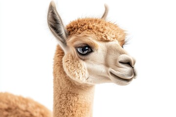 Obraz premium Profile of a medium fawn alpaca gazing at the camera on white background