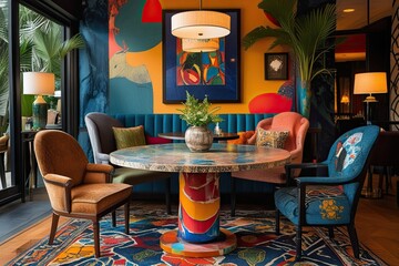 Artistic Lounge Interior with Eclectic Table and Chair Designs