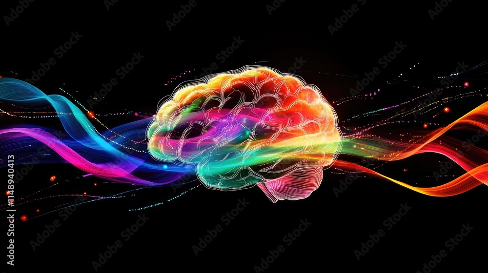 Poster vibrant abstract representation of a human brain surrounded by colorful waves of light symbolizing c