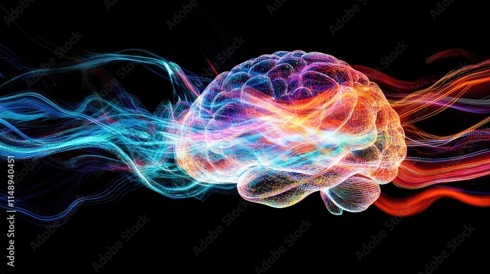 Poster vibrant abstract representation of a human brain with colorful light trails symbolizing neuroactivit