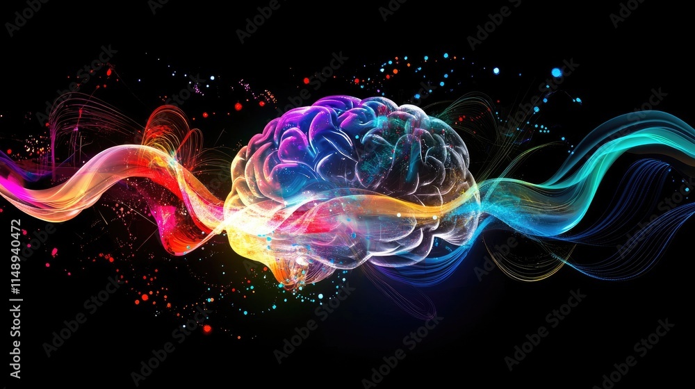 Poster colorful abstract visualization of a brain with waves of light representing creativity, innovation, 