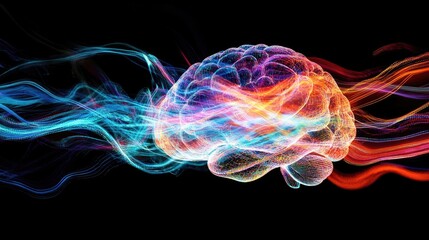 Vibrant Abstract Representation of a Human Brain with Colorful Light Trails Symbolizing Neuroactivity and Cognitive Processes Against a Dark Background