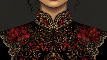 All over asian embroidery neckline and lace border design for trendy women wear illustration. Threnody. Illustration