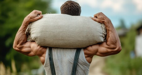 Rear view of a muscular man shouldering a heavy sack Represents labor and effort to combat poverty Delivering goods home