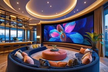 Stylish Family Living Room Featuring Large Curved Screen and Elegant Decor