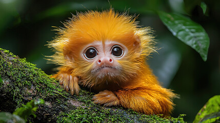 Fototapeta premium A monkey on a branch in a lush forest setting, with a logo prominently displayed
