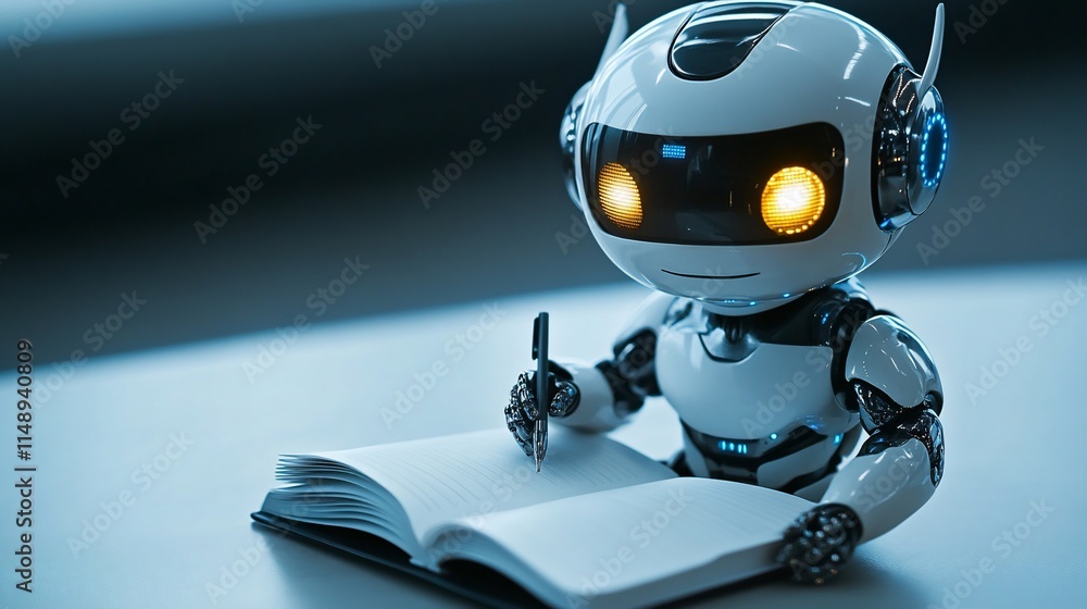 Poster a robot studying and writing in a notebook, showcasing technology and learning.