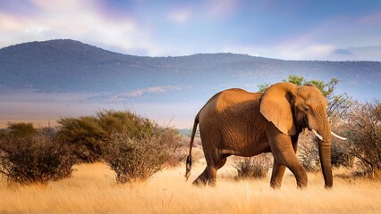 Fototapeta premium An African Bush Elephant standing majestically in the savanna