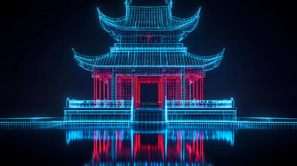 A futuristic, holographic rendering of a traditional Chinese pagoda, illuminated in neon blue and red against a dark background