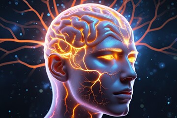 Obraz premium Glowing Nerve Cells in Human Head Exploring Esoteric Meditation and Connections to Other Realms