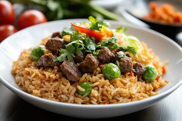 Rendang beef fried rice is a spicy dish blending fried rice with West Sumatra s traditional rendang