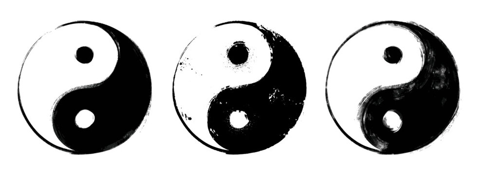 Vector set of black and white yin and yang symbols isolated on a white background.