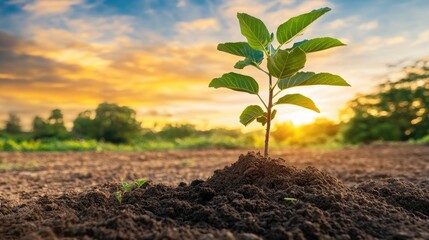 Growing Green Plant Emerging from Rich Soil Under Beautiful Sunrise Sky Illustrating Hope, Renewal, and Environmental Conservation in Nature's Splendor