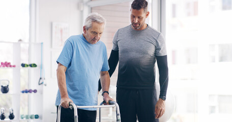 Man, physiotherapist and elderly patient with walker for mobility, physical activity or progress at...