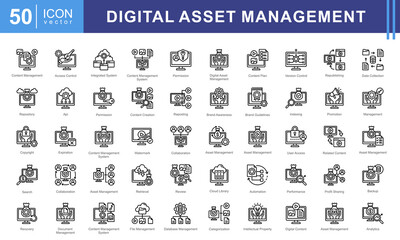 Digital Asset Management icon collection set. Containing repository, cloud file ,database ,indexing, version control, cms, content icon. Simple vectors illustration.