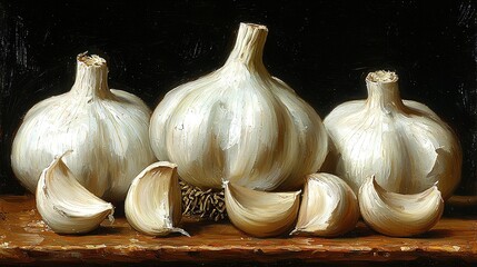   Garlic Bulbs on Wooden Surface - Painted by Artist's Name