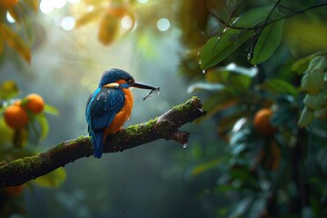 a beautiful blue eared kingfisher waiting on a branch to catch some fish in Malaysian jungle.