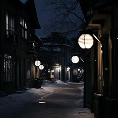 Old town in the snow, illuminated by lanterns