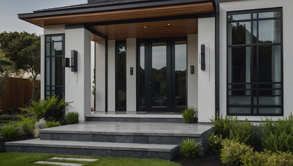 Modern home exterior featuring a gray stone staircase leading to a black-framed glass entryway. White walls, dark wood accents, and landscaping complement the contemporary design.