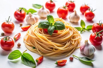 Delicious Homemade Spaghetti with Tomatoes, Garlic & Basil - Top View