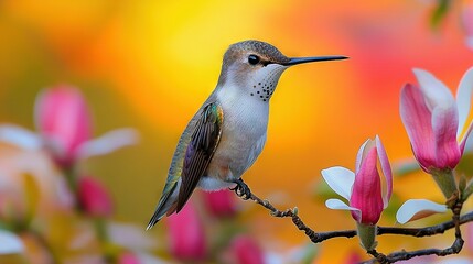 Fototapeta premium Hummingbird perched on pink-white flowers against yellow-pink background