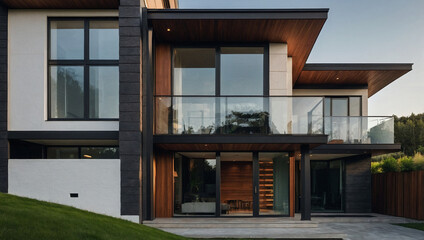 Fototapeta premium Modern two-story house with dark-framed windows, glass balcony, and wood accents. White and dark gray exterior siding. Landscaped lawn visible in the foreground.