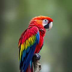 Fototapeta premium Pretty side profile of a scarlet macaw bird on a perch.