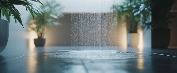 A serene indoor space featuring a water feature surrounded by lush plants.