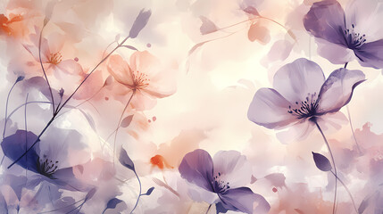 A delicate watercolor floral pattern featuring soft pastel hues of purple and peach. Threnody. Illustration