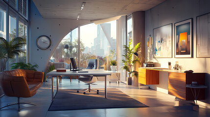 A modern, trendy office with sleek, furniture and a productive, environment. Threnody. Illustration