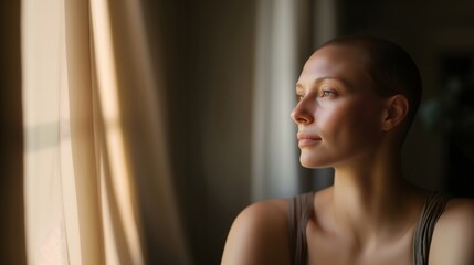 Serene woman in meditation pose by window, mindfulness concept for wellness programs and spiritual practices. Suitable for meditation apps, yoga studios and mental health services.