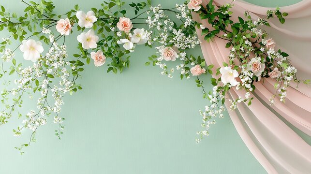   A vibrant arrangement of pink and white blossoms set against a lush backdrop of green and pink, featuring a graceful drape in the focal point of the image