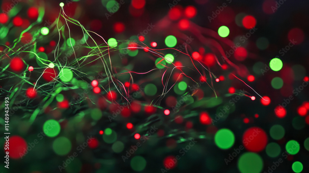 Poster abstract light trails with red and green glowing bokeh in dark background