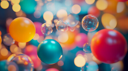 Colorful floating spheres and bokeh lights in vibrant abstract background