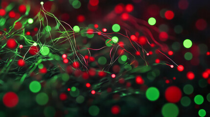 Abstract light trails with red and green glowing bokeh in dark background