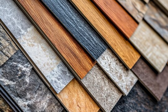 Samples of multi colored chestnut and oak stone composite vinyl tiles Detailed view of wooden flooring material