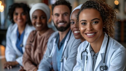 A diverse group of happy medical professionals smiling warmly while in a well-lit healthcare setting, showcasing unity and collaboration in a modern hospital environment