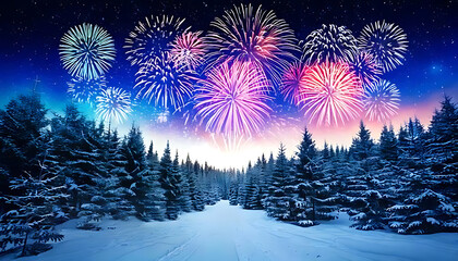 Christmas night in a magical winter forest with colorful fireworks and snowflakes, 3d render