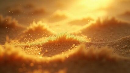 Golden Sunlit Sand with Blurred Background and Floating Dust Particles


