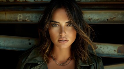 Fototapeta premium Portrait of a Woman with Intense Gaze Set Against a Rustic Metal Backdrop Showcasing Her Stylish Short Haircut and Edgy Leather Jacket in Natural Light