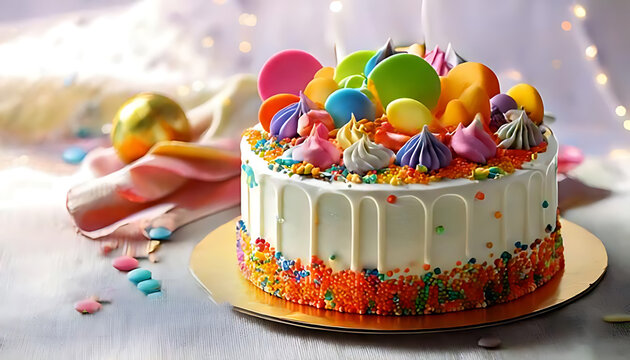 Colorful and delicious Birthday cake with icing and decorations on a white tablecloth