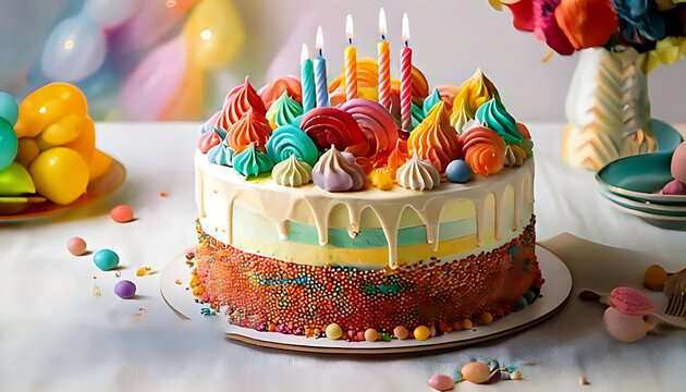 Colorful and delicious Birthday cake with icing and decorations on a white tablecloth