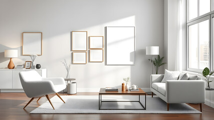 Minimalist composition of elegant living room space with white boucle armchair, photos mock up frames, carpet, coffee table, lamp, decoration and personal accessories. Copy space. Generative AI