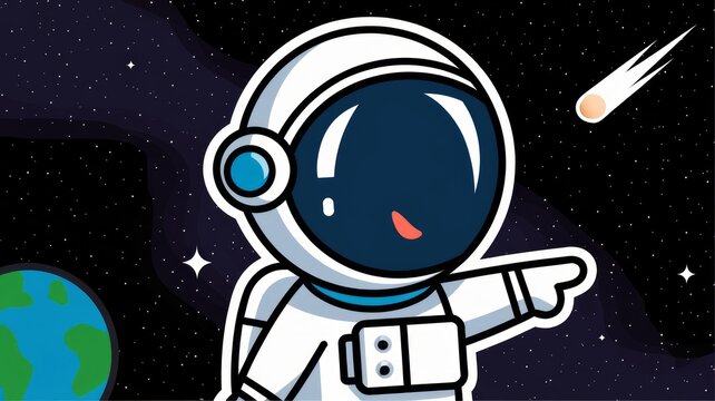 A cute cartoon astronaut with a pink spacesuit pointing. The astronaut is floating in space. 
Generative AI