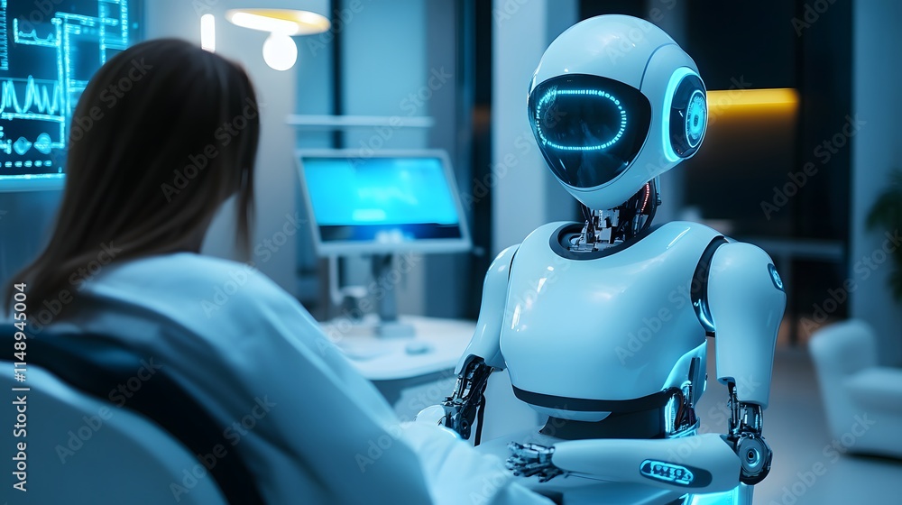 Poster a futuristic scene featuring an advanced robot interacting with a human in a high-tech environment, 