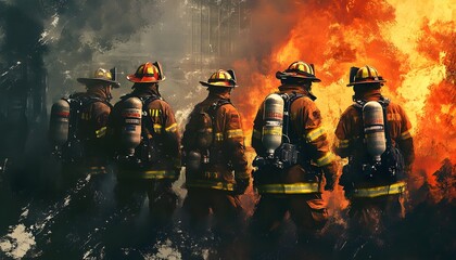 A group of brave firefighters stands united against a blaze, showcasing their dedication and bravery. Their teamwork and resilience shine amidst the flames, emphasizing courage.